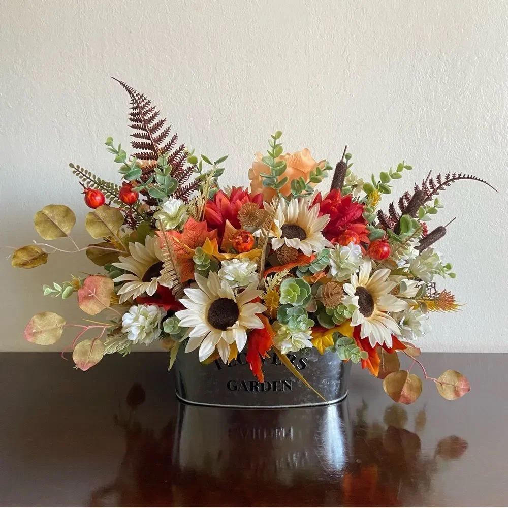 Faux Floral Bouquet With Peach Roses/Cream Sunflowers